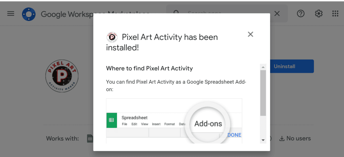This screenshot shows you you have correctly installed the Addon to your Google sheets.