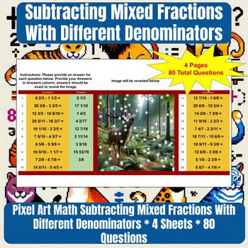Subtracting Mixed Fractions with Different denominators - Animal Theme